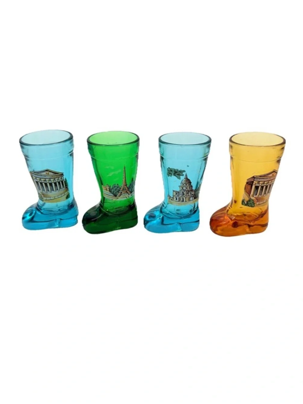 Vintage Colorful Boot Shaped Bar Shot Glasses - France Paris Landmarks Set of 4